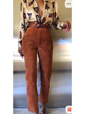 Vintage Suede Wide Leg Trousers Pants Women 8 Brown Western Cowgirl Bootcut Boho